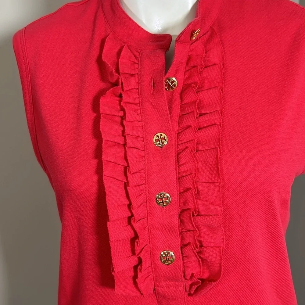 Tory Burch Lidia Ruffled Polo Shirt Red With Gold Logo Buttons Top Sz M